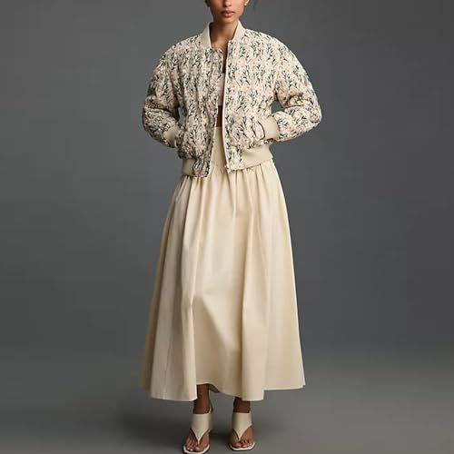 Shiyifa Apricot Embroidered Daisy Cropped Bomber Jacket - Stylish & Cozy Puffer for All Occasions - Image 8