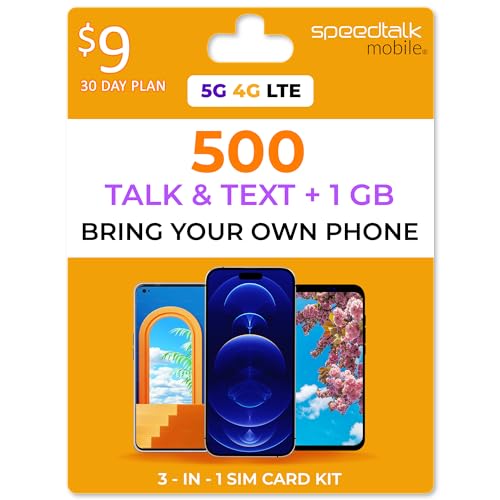 SpeedTalk Mobile SIM Card Unlimited Text 500 Minutes Talk 1 GB Data for 5G 4G LTE Apple iPhone Android Smart Phones | 3 in 1 Prepaid Simcard - Standard Micro Nano | No Contract Cellphone Plan