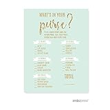 Andaz Press Mint Green Gold Glitter Print Wedding Collection, What's in Your Purse? Bridal Shower Game Cards, 20-Pack
