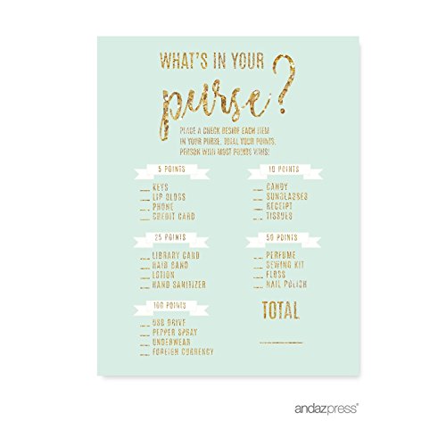 Andaz Press Mint Green Gold Glitter Print Wedding Collection, What's in Your Purse? Bridal Shower Game Cards, 20-Pack