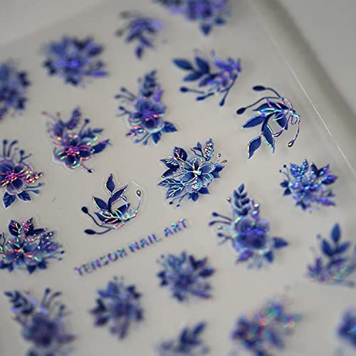 Flower Nail Art Stickers Decals 5D Acrylic Engraved Nail Stickers Blue Flowers Gold Line Nail Decals 3D Bronzing Nail Art Design Supplies Self-Adhesive Nail Transfer Sliders Wraps For Women Manicure Decor #TOP3