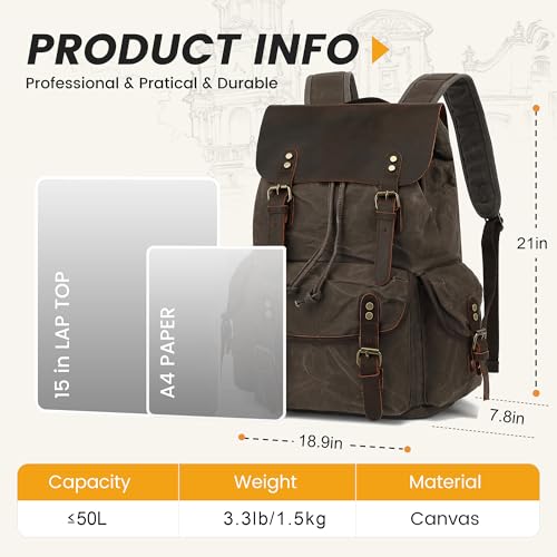 Image of HuaChen Vintage Waxed Canvas Backpack with Genuine Leather Flap, Travel & Work Rucksack, Water-Resistant Daypack with Anti-Theft Pocket, OVERSIZE - M80 Grey XL