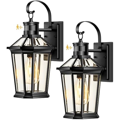 VIANIS Motion Sensor Outdoor Wall Lantern, Black Waterproof Dusk to Dawn LED Exterior Wall Sconce, Anti-Rust Aluminum Modern Outside Porch Light Wall Mount for House, Garage, Entryway 2 Pack Cover