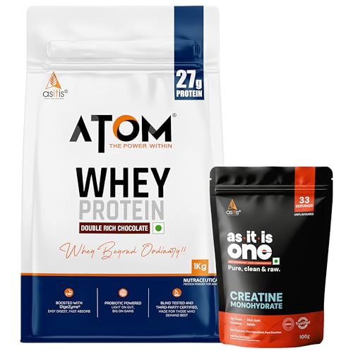 Image of ATOM Whey Protein Double Rich Chocolate 1kg + Creatine Monohydrate unflavoured 100g Combo - Supports Muscle Growth & Recovery, Enhanced Strength & Stamina