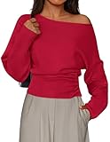 PRETTYGARDEN Women Off The Shoulder Sweater 2025 Fall Trendy Long Batwing Sleeve Knit Pullover Going Out Tops Winter Clothing (Red,Small)