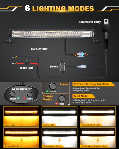 Image of Auxbeam 30 Inch 180W LED Light Bar, 6 Modes Spot Flood Combo Offroad Lighting Amber White Strobe Fog Light, Memory Reset Function Waterproof Driving Work Light with Wiring Harness Kit