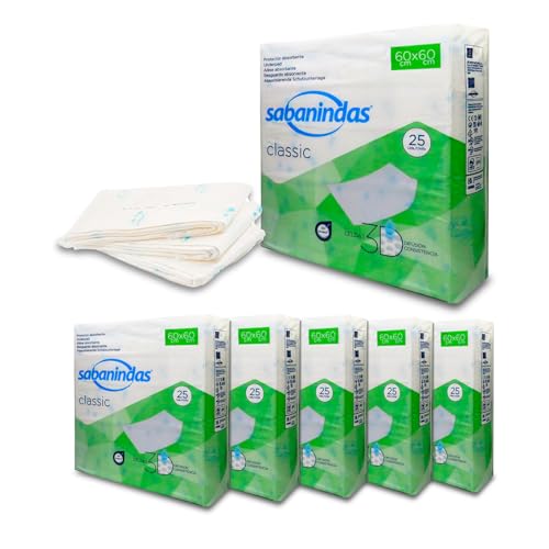 SABANINDAS Protectores de Cama Normales - Caja 6 Paquetes de 25 Protectores de 60 x 60 - Protectores Absorbentes, Ideal para Incontinencia, Confort y Seguridad - Libre de Látex