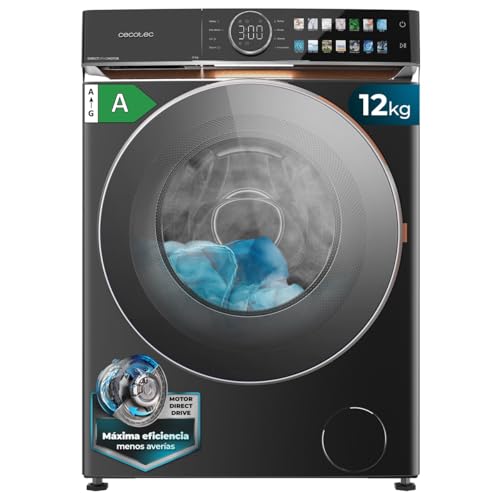 Cecotec Lavadora 12Kg Carga Frontal Bolero DressCode 12980 Direct Drive Steel A. 1400RPM, Motor Direct Drive, Bajo Consumo, Pantalla FullColor, Acabados Imitación Cuero, Puerta XXL y Vapor
