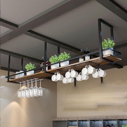 Wine rackC - Hanging Wine Glass Rack Retro Iron Solid Wood Wine Bottle Rack Display Stand 1-Tier Inverted Wine Glass Rack Floating Shelf Multifunctional Bar Kitchen Storage Rack (Size: 120)