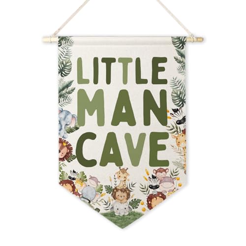 ArtisaEura Little Man Cave Wall Canvas Banners Safari Nursery Decor Woodland Animal Hanging Display Pennant Banner Flags Animals Nursery Wall Decor for Kids Boys Room Bedroom Playroom
