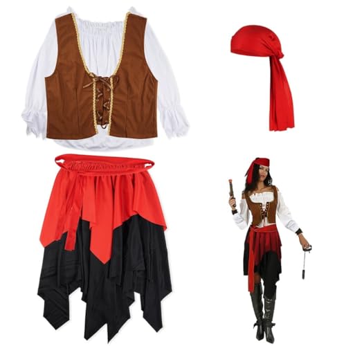 Kapmore Costume da pirata da donna, completo con camicia, gonna, gilet, fascia per capelli e cintura, taglia unica