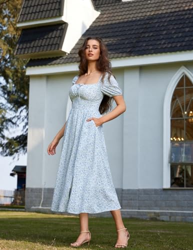 Image of Scarlet Darkness Women's Floral Corset Dress with Split 2026 Summer Spring Square Neck Midi Milkmaid Dresses Green Blue Floral S