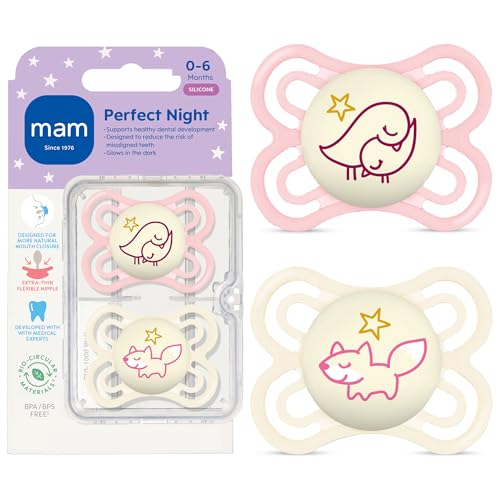 Image of MAM Perfect Baby Pacifier 0-6 Months, Extra Thin Nipple, Developed with Orthodontists, Clinically Proven, Glows in The Dark, BPA-Free Silicone, Pack of 2, Made in Europe