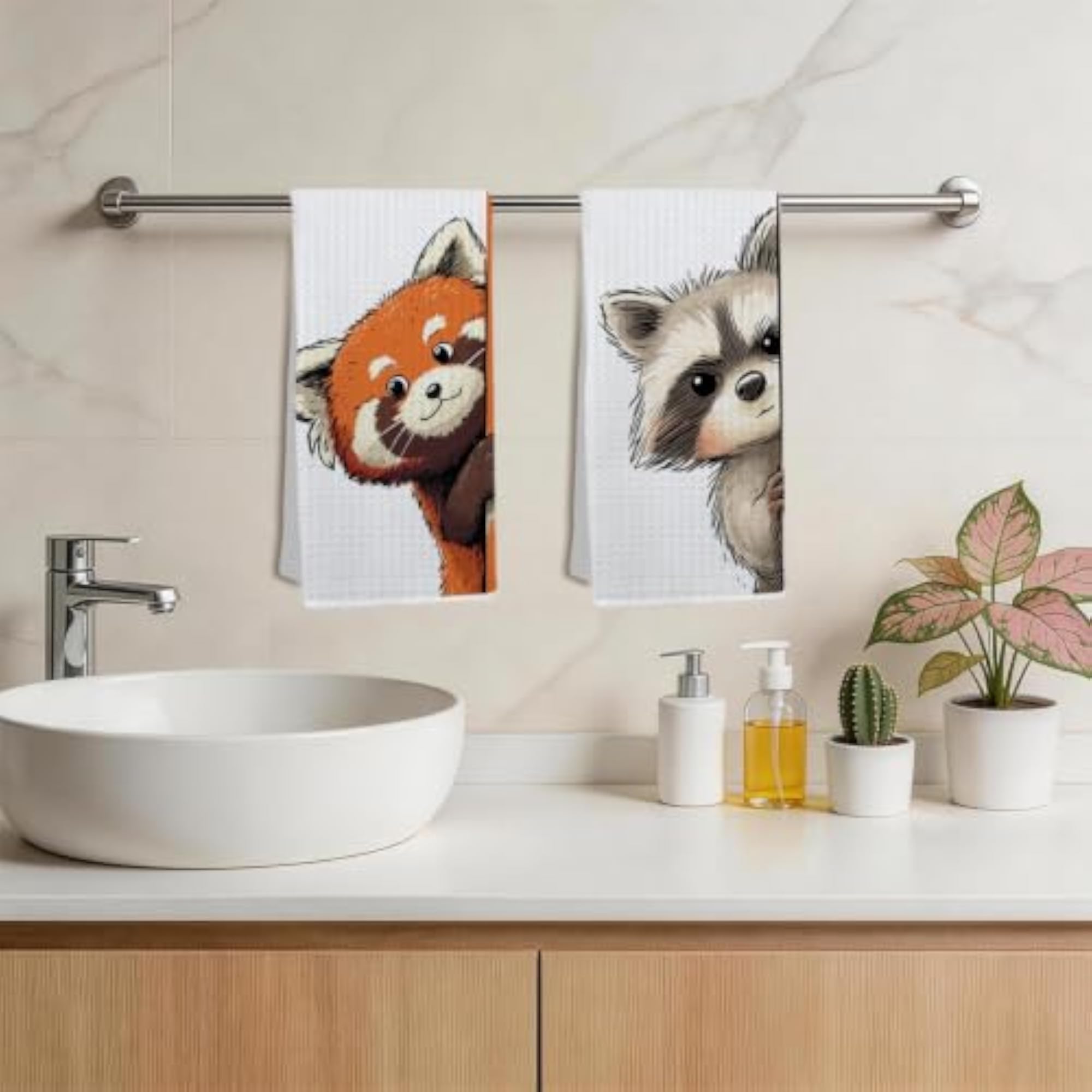 2 Pcs Cute Red Panda & Raccoon Kitchen Towels