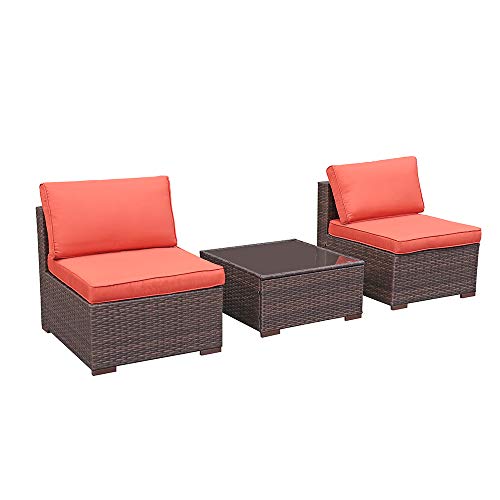 Oc Orange-Casual 3 Piece Patio Wicker Armless Chair Outdoor Sofa Couch, Loveseat With Coffee Table For Sectional Furniture Sets, Brown Wicker & Orange Cushion #TOP12