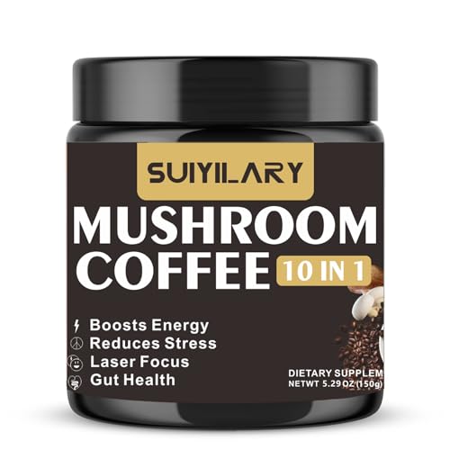 Mushroom Coffee, 10 Mushroom Extract Powder Blend Lion's Mane, Reishi, Chaga, Cordyceps, Turkey Tail, Brain Supplements with Instant Coffee for Energy, Focus, Memory and Immunity, 150g 30 Serving