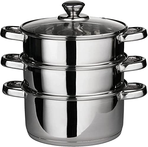 22cm 3 Tier Stainless Steel Vegetable and Meat Chicken/Lamb/Beef Food Steamer Steam Set Base Glass Vented Lid