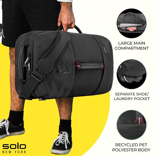 Solo New York Travel Backpack Duffel - Convertible Travel Duffle Bag for Men & Women, Carry On Size, Use for Gym, Flights, or Work, Separate Shoe Compartment, Padded Straps - All-Star, Black2