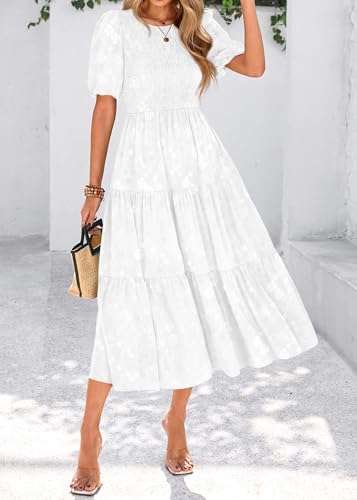 Image of KIRUNDO Womens Summer Dresses Wedding Guest Floral Midi Sundress Short Puff Sleeve Flowy A Line Smocked Tiered Boho Dress