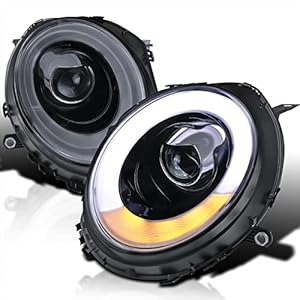 Spec-D Tuning Halo Rims LED Turn Signal Smoke Projector Headlights Compatible with 2007-2013 R56 MINI Cooper Models Left + Right Pair Headlamps Assembly