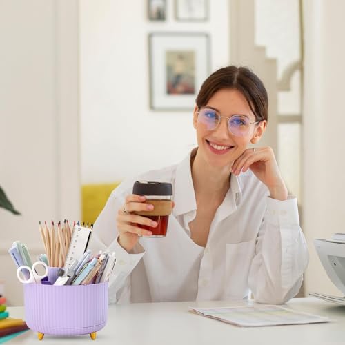 Image of SKYDUE 360 Rotating Purple Pen & Art Supply Organizer - 5 Slot Desk Organizer for Office, School, Home