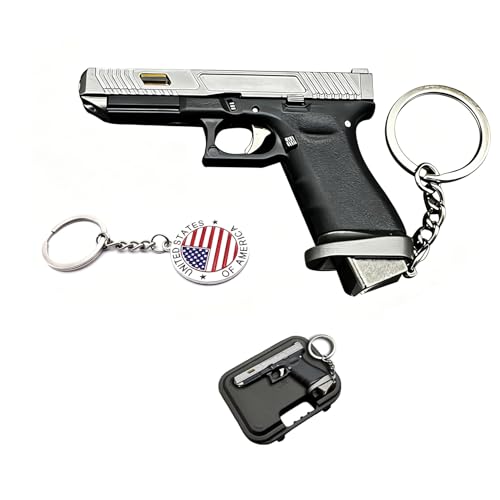 OPYLO Mini Gun Keychains, Gold/Silver/Black Pistol Shape Key Chain,Miniature Keychain,Novelty Keychain for Men （Black + silver）