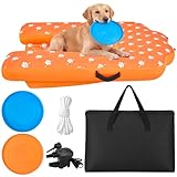 Halloscume Dog Inflatable Boat Ramp with Electric Pump Foldable Floating Dock Water Ramp with Traction Rope and Flying Discs for Dog to 220 Lbs Pool, Dock, Lake