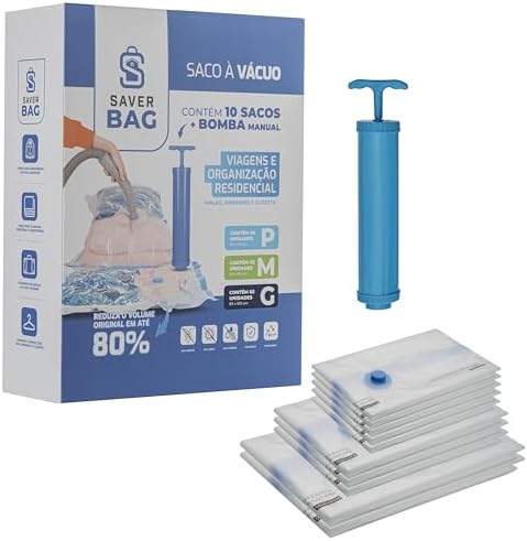 Kit Sacos a Vácuo c/Bomba Manual SaverBag c/10 unds (5 "P" 50x70, 3 "M" 60x80, 2 tam "G" 80x100) linha premium c/ 7 Camadas de Proteção, Reduz até 80% do Volume, 100% reutilizável