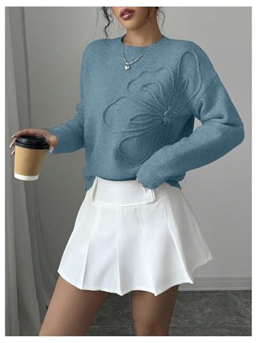 Image of RoseSeek Women's 3D Floral Appliques Crewneck Sweaters Long Sleeve Drop Shoulder Pullovers Elegant Knit Tops