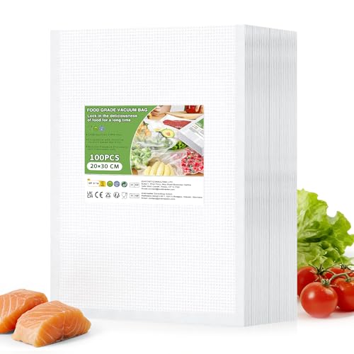 Oderra 100 Sacs sous Vide Alimentaire - 20x30 cm Sachets de Conservation et Congélation sous Vide - Compatible Toutes Machines sous Vide - pour Emballage Alimentaire