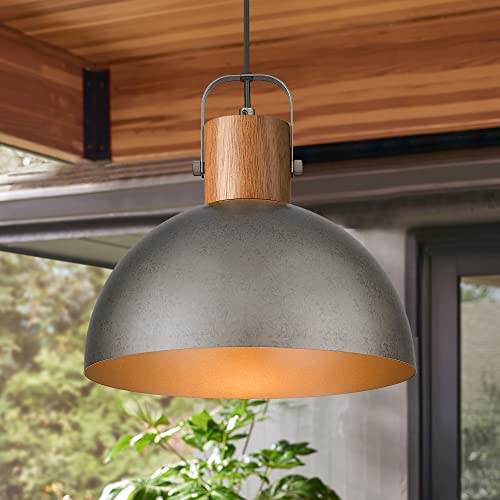 ELYONA Industrial Pendant Light Fixtures,12" Rubber Wood Dome Hanging Lamp, Grey Metal Shade,Adjustable Rustic Island Light for Kitchen Sink Farmhouse Dining Room Living Room Hallway, Antique Silver