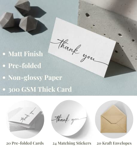 Bulk Pack Of 20 Thank You Cards With Kraft Envelopes And Matching Stickers | Classy Designs 4X6 Inches Modern & Minimalistic Design | Suitable For Business, Baby Shower, Wedding, Small Business, Graduation, Bridal Shower, Funeral #TOP1