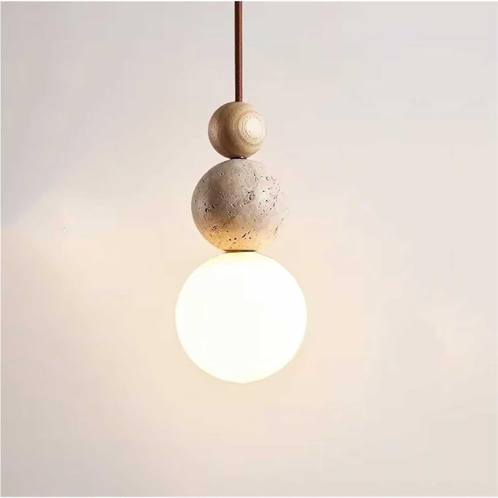 LYOUAE Nordic Spherical Yellow Travertine Pendant Light Natural Cave Stone Wood Hanging Light G9 LED Hanging Ceiling Light with Glass Shade(Wood Color)