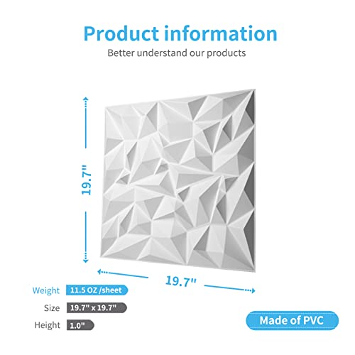 Image of Art3d 19.7 inch x 19.7 inch (Pack of 12) Wall Panel Diamond, White