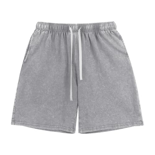 Hiehiety Boys Acid Washed Cotton Athletic Shorts Kids Active Gym Cool Casual Jogger Sweat Shorts with Pockets 3-12Y(Light Gray,11-12 Years)