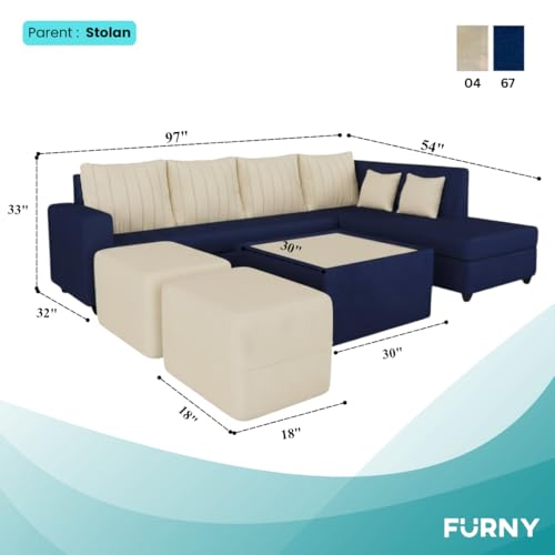 Image of CASASTYLE Stylify 8 Seater Fabric RHS L Shape Sofa Set with 1 Centre Table & 2 Ottoman (Cream-Dark Blue) 8-Person Seating with Premium Velvet Finish