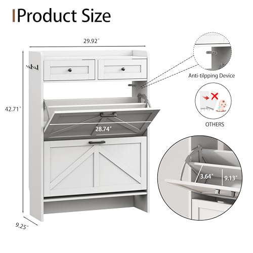 Image of Shoe Cabinet with 2 Flip Drawers & 2 Top Drawers, 43 inch Tall Freestanding Narrow Wooden Shoe Storage Organizer for Entryway, Hidden Slim Shoe Rack for Front Door Entrance, Hallway, Living Room, White