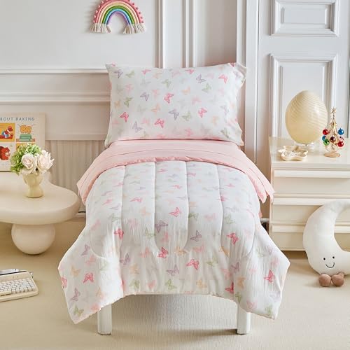 Image of Joyreap 4 Piece Toddler Bedding Set- Pink n Purple Butterflies Design, Microfiber Toddler Bedding Comforter Set for Girls