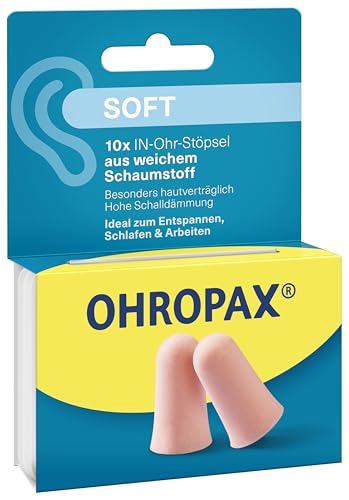 OHROPAX Soft Ohrstöpsel – IN-Ohr-Stöpsel aus weichem Schaumstoff – besonders unauffällig und bequem – Schalldämmwert SNR 31 dB – ideal zum Entspannen, Schlafen und Arbeiten – 10 Stück