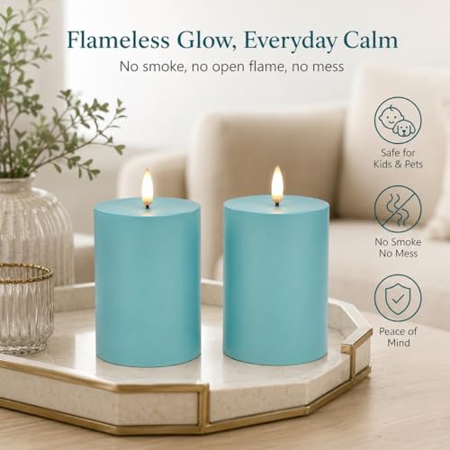 Image of ANGELLOONG Blue Battery Operated Pillar Candles, 3 x 4 Inch, Set of 2 | Blue Flameless LED Candles, 6-Hour Timer, Waterproof Table Decor for Patio, Porch and Centerpieces