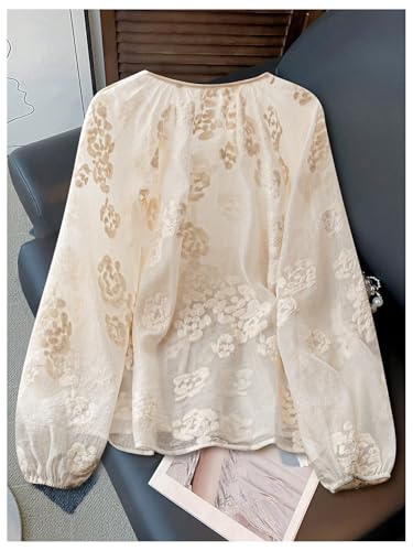 GORGLITTER Women's Peasant Blouses Floral Embroidered Tops Long Sleeve Tie Front Button Up Boho Tunic Shirt2