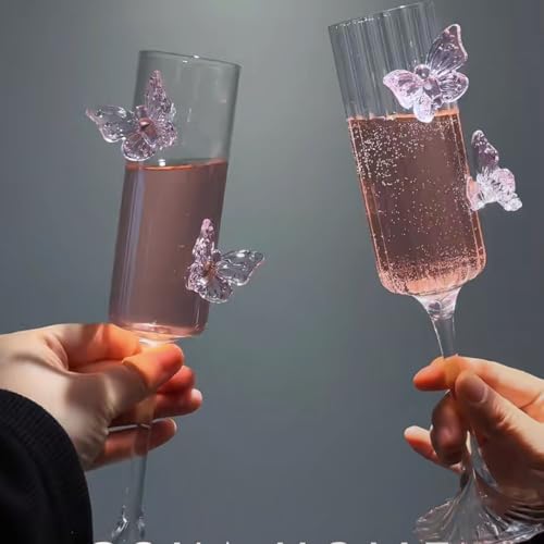 2Pcs Pink Butterfly Wine Glasses, 3D Butterfly Champagne Cups Drinking Glasses Fashioned Wine Cocktails Glassware Romantic Champagne Glasses for Weddings Engagements Party Gifts (Striped Style)