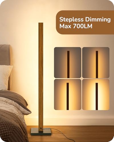 Image of EDISHINE 48.43 inch Wooden LED Corner Floor Lamp with Remote, Dimmable & 7CCT | 2700K-6000K, Foot Switch, Mid Century Modern Floor Lamp for Living Room, Bedroom, Office, Light Brown