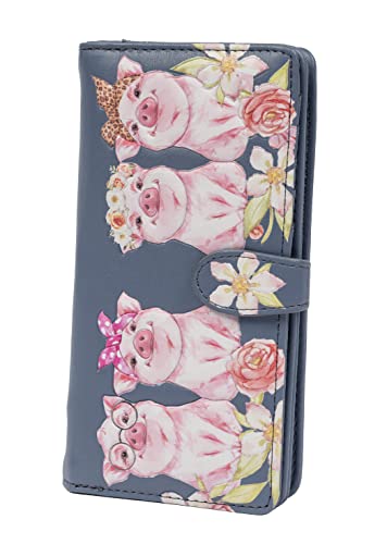 Shag Wear Women's Premium Vegan Clutch Cardholder Wallet Zipper Purse with Pretty Piggies at the Market, Grey
