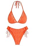 AFUL Women's Halter Triangle Bikini Set Crochet Boho Floral Swimsuit Cut Out Tie Side Two Piece Bathing Suit Orange XL