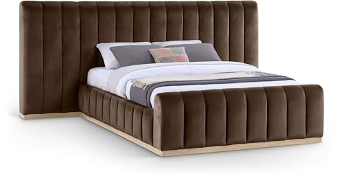 Image of Meridian Furniture AmaraBrown-Q117 Collection Modern | Contemporary Queen Bed, Ultra Luxe Brown 460 GSM Velvet, Natural Finish, Solid Wood Base and Inner Frame, 117 inch W x 99 inch D x 51 inch H, Brown, Queen