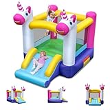 GOPLUS Château Gonflable Licorne avec Zone de Saut & Toboggan, Aire de Jeux Gonflable avec Sac de Transport, sans Ventilateur, 3 12 Ans, Charge 90KG (Unicorn)