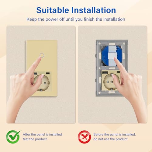 BSEED Touch Lichtschalter mit USB Steckdose Anschluss (Max. 2.1A) Typ C Port 1 Fach 2 Wege Wandschalter mit USB Steckdose Unterputz Lichtschalter mit Glasrahmen Golden (Nicht Smart Schalter)
