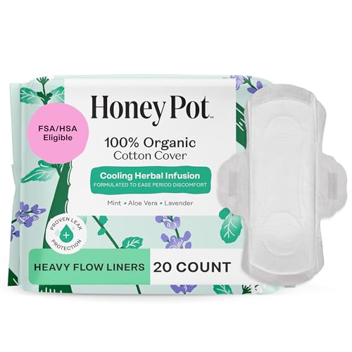Image of The Honey Pot Company - Herbal Panty Liners for Women - Heavy Flow w/Wings - Infused w/Essential Oils for Cooling Effect & Organic Cotton Cover - Feminine Care - 20 ct