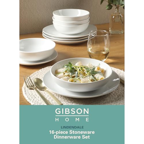 Image of Gibson Home Lindendale 16 Piece Porcelain Ceramic Plates and Bowls Dishes Scratch and Chip Resistant Service for 4 Dinnerware Set - White